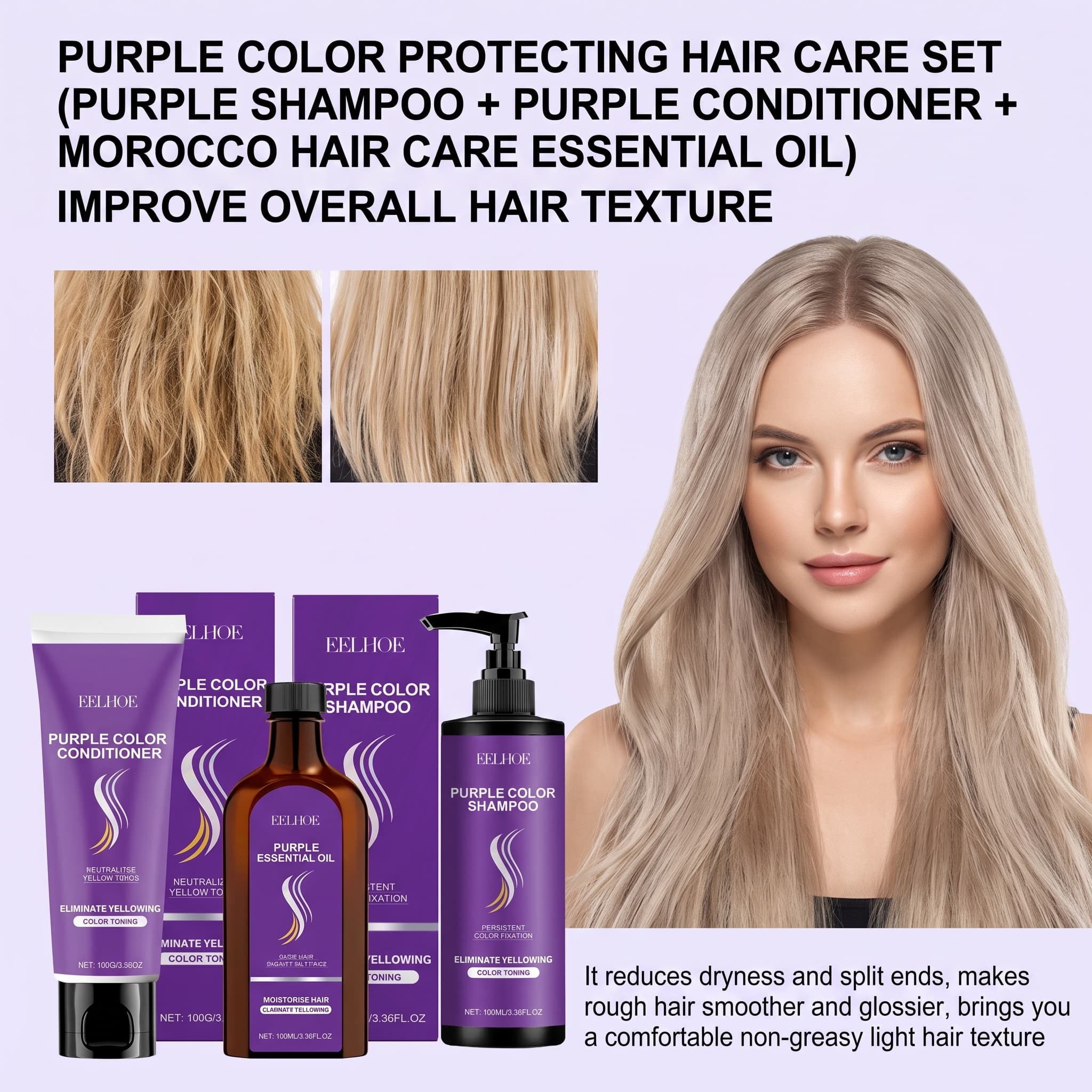 Hair Care Oil Serum - Set de Champú Morado con Acondicionador,